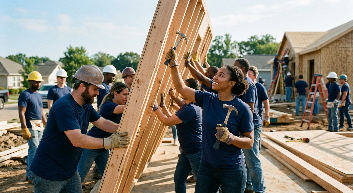 Community volunteers raising a wall on a build day