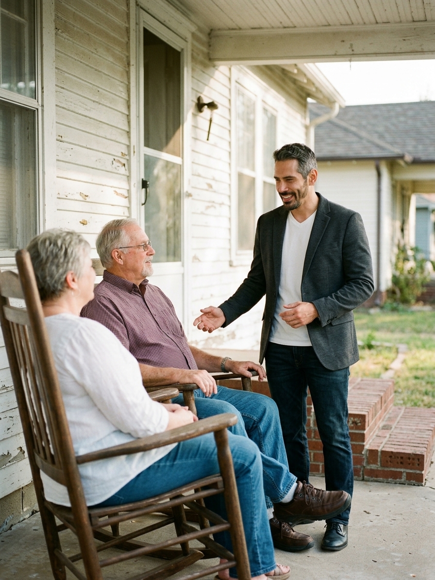 Genaro meeting Wichita homeowners on the porch