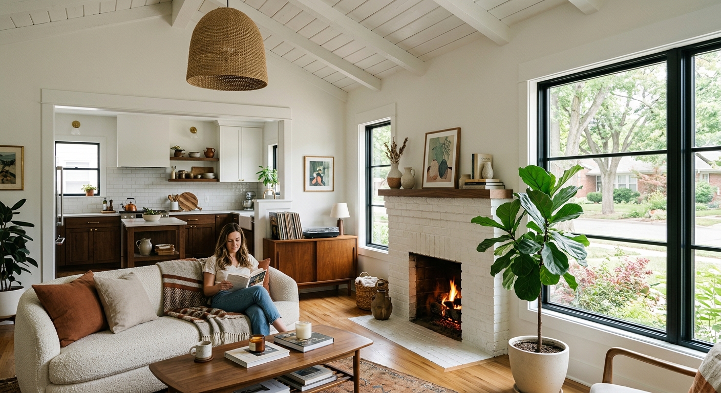 Open vaulted living room with painted brick fireplace